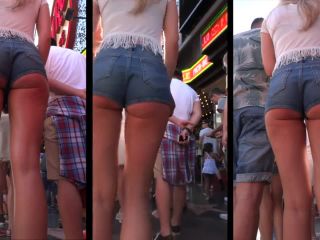 Candid Jeans Ass Cheeks Walking in Short Jean Shorts -9