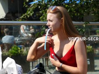 Teen beauty fixing her bra in public public -6