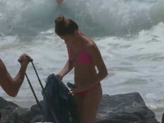 Hot teen in red thong bikini on beach with family-7
