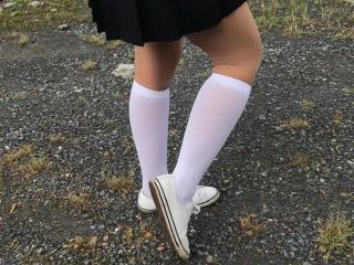 New Fantazy Schoolgirl in white knee socks and white shoes show under skirt feet-0
