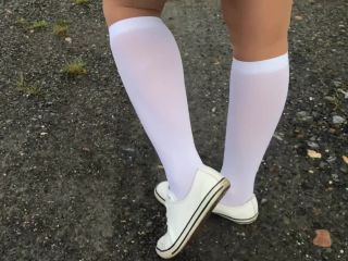New Fantazy Schoolgirl in white knee socks and white shoes show under skirt feet-5