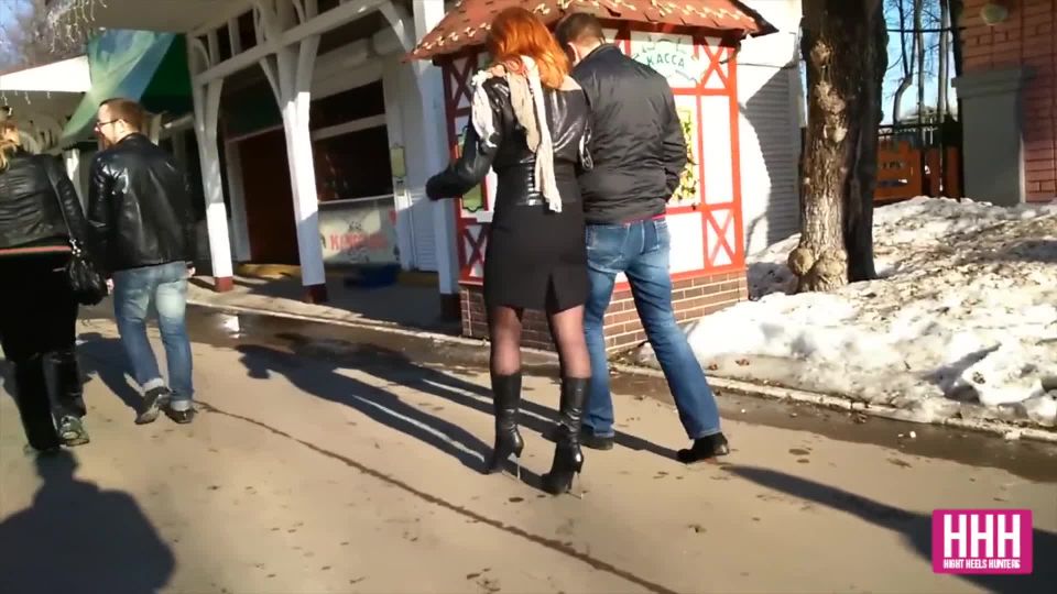White bitch in short skirt on high heels caught on hidden cra with boy ...