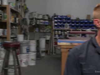 Cocky businessman bound and fucked in the metal shop Gay!-0