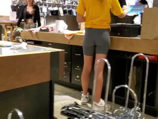 Store clerk with lovely little ass in grey tights teen -1