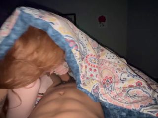 Sexy redhead girlfriend sucking dick under cover while watching TV - Amateur-5