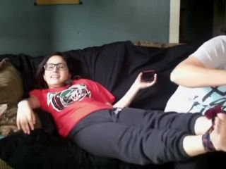 Two sexy young latina babes tie bare feet and tickle each other w Tickling!-3