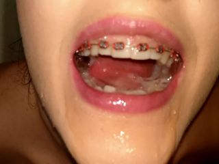 Teen Girl with Braces uses Cum to Brush Teeth Closeup Sloppy B-9