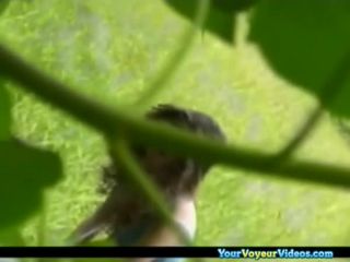 Voyeur hidden in the bushes catches teen couple fucking-6