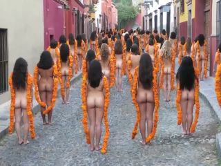 Public nudity with orange flowers on the street-1