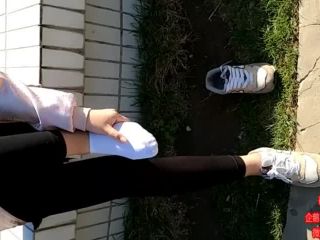 Chinese girl sprains foot in black leggings and white ankle socks - (Feet porn)-5