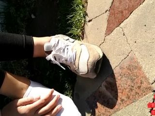 Chinese girl sprains foot in black leggings and white ankle socks - (Feet porn)-6