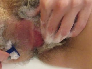 Shaving off my extreme hairy big clit pussy lips in close up-4
